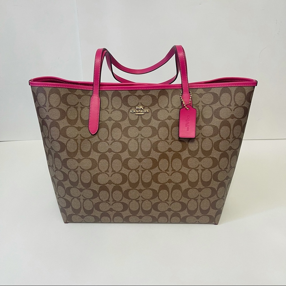Coach City Tote In Signature Canvas Tan And Bold Pink New With Tag